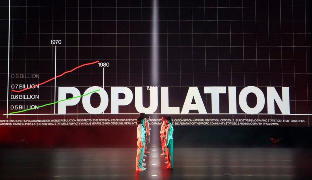 Data about two of the world’s most populous nations, China and India, is displayed on a large screen at the back of the stage as a backdrop to the show. Photo: Tristram Kenton
