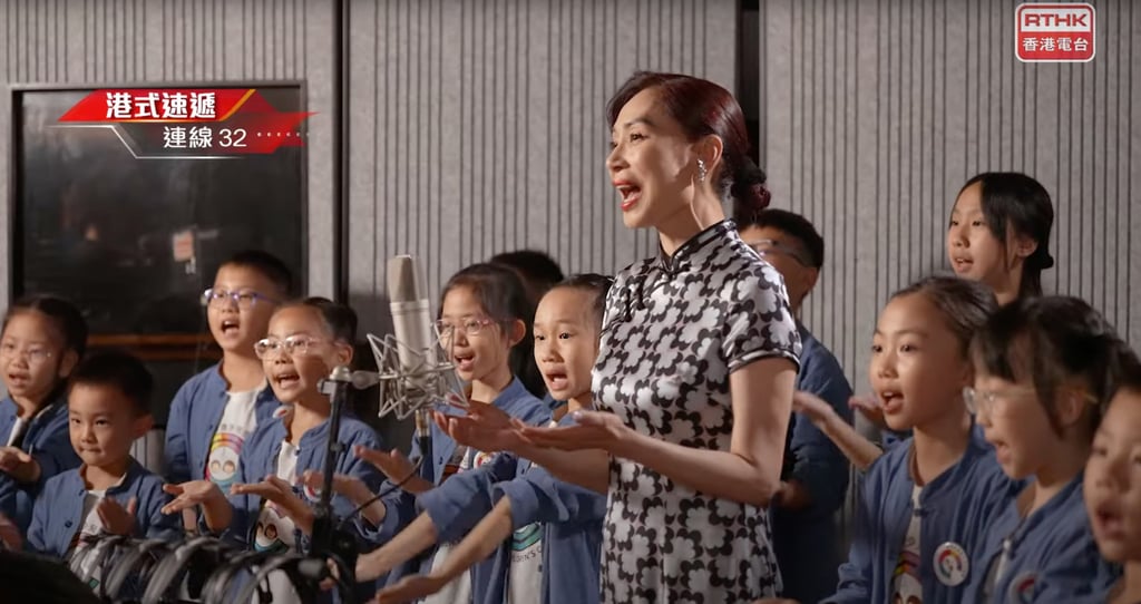 Cally Kwong sings “Our Home” at a press conference on Tuesday. Photo: Handout Cally Kwong sings “Our Home” at a press conference on Tuesday. Photo: Handout