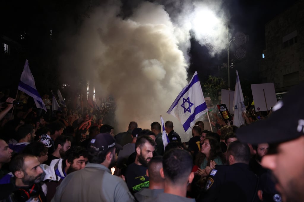 Protesters supporting the families of Israeli hostages held by Hamas in Gaza, outside the residence of Netanyahu in Jerusalem on Monday. Photo: EPA-EFE