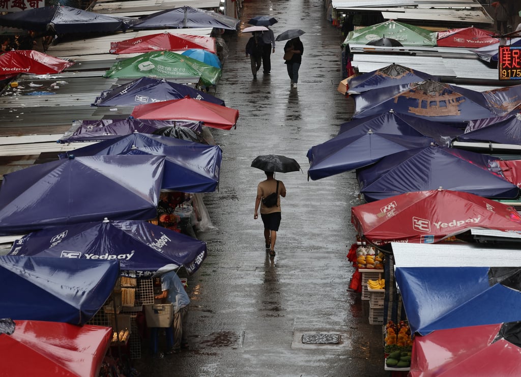 People walk along a row of small businesses in Mong Kok during a storm in June 2024. Photo: Edmond So People walk along a row of small businesses in Mong Kok during a storm in June 2024. Photo: Edmond So