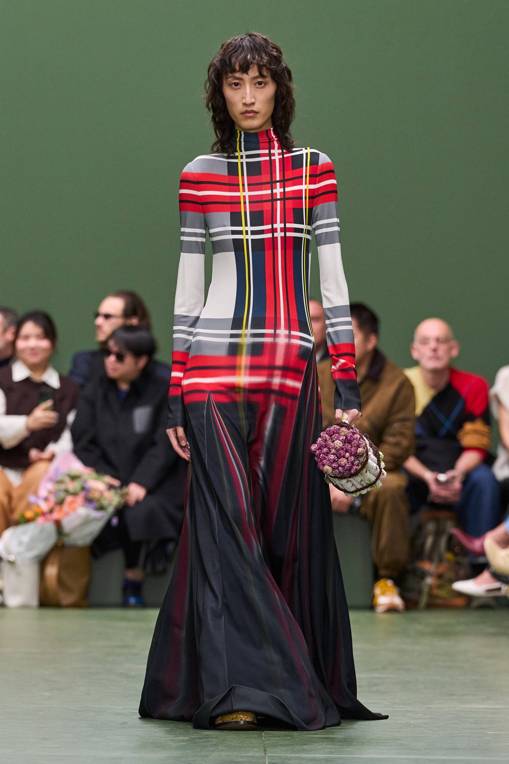 A dress featuring a bold tartan pattern at the Loewe autumn/winter 2024-25 presentation. Photo: Handout