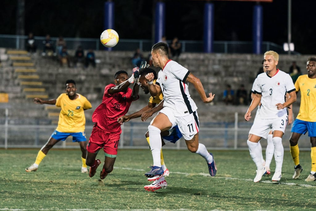Juninho steers a header goalwards during Hong Kong’s victory over Solomon Islands. Photo: HKFA Juninho steers a header goalwards during Hong Kong’s victory over Solomon Islands. Photo: HKFA