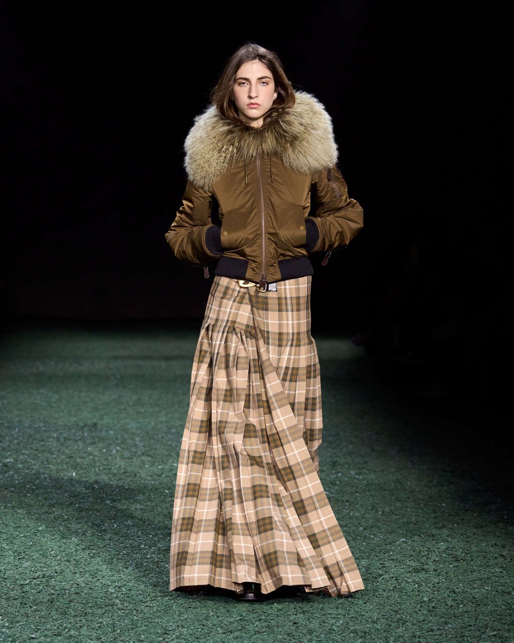 British brand Burberry paired a cream tartan maxi-skirt with a brown, fur-collared parka at its winter 2024 show. Photo: Handout