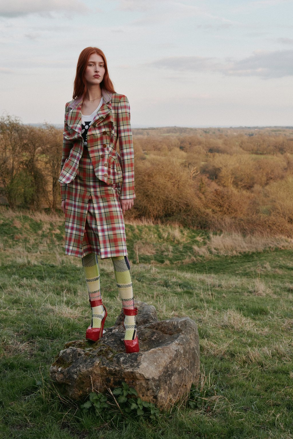 A model wears a tartan-patterned outfit in the Highlands to promote the Vivienne Westwood autumn/winter 2024-25 collection. Photo: Handout