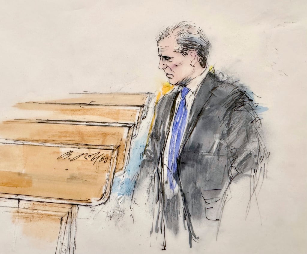 Hunter Biden enters a federal courtroom in Los Angeles for jury selection for his trial on felony tax charges on Thursday. Courtroom sketch: William T. Robles via AP