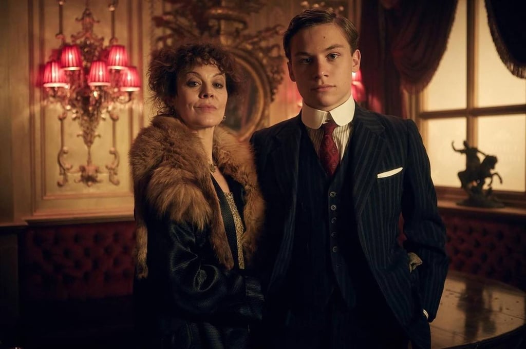 Finn Cole and late co-star Helen McCrory on the set of Peaky Blinders. Photo: @finn_cole/Instagram