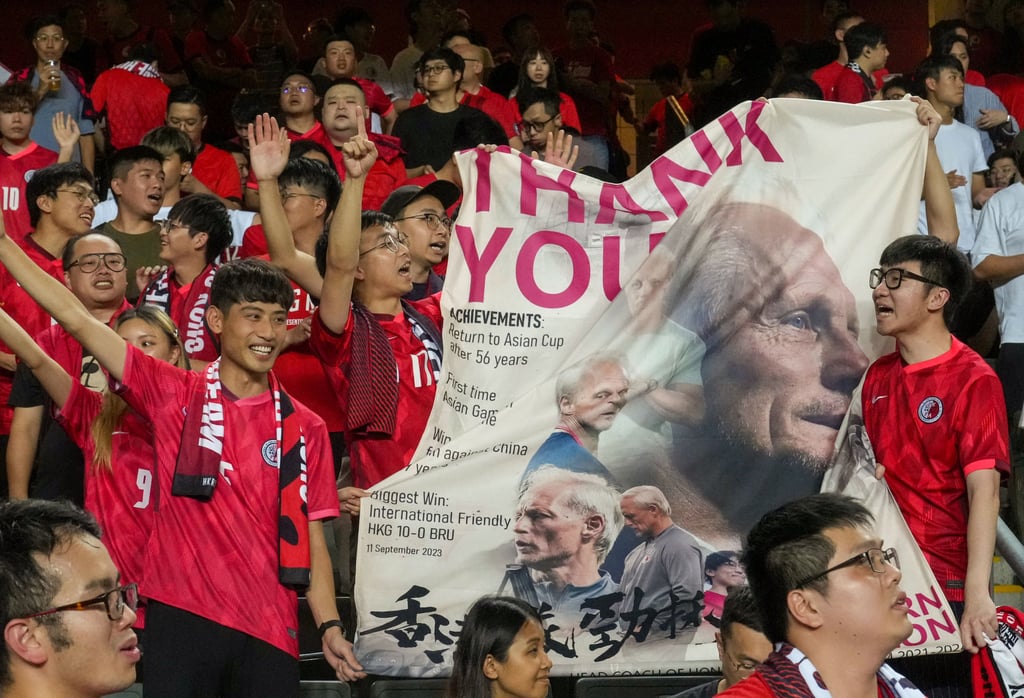 Fans display a banner thanking Jorn Andersen, the former Hong Kong head coach, during the Fifa World Cup qualifier which pitted Hong Kong against Iran at Hong Kong Stadium in June. Photo: Sam Tsang Fans display a banner thanking Jorn Andersen, the former Hong Kong head coach, during the Fifa World Cup qualifier which pitted Hong Kong against Iran at Hong Kong Stadium in June. Photo: Sam Tsang