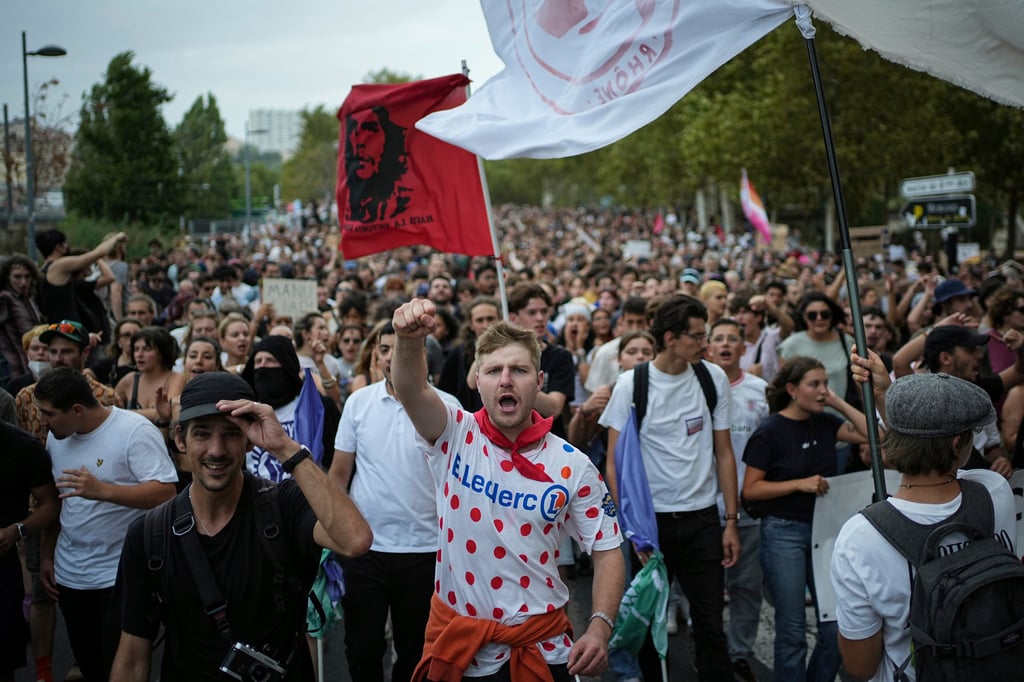 Protesters respond to a call from the far-left party who criticised Macron’s appointment of Michel Barnier as prime minister, in Lyon, France on Saturday. Photo: AP