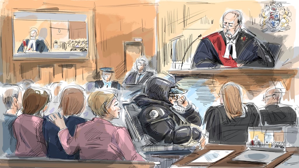 A courtroom sketch of Monday’s proceedings. Photo: Alexandra Newbould/The Canadian Press via AP A courtroom sketch of Monday’s proceedings. Photo: Alexandra Newbould/The Canadian Press via AP