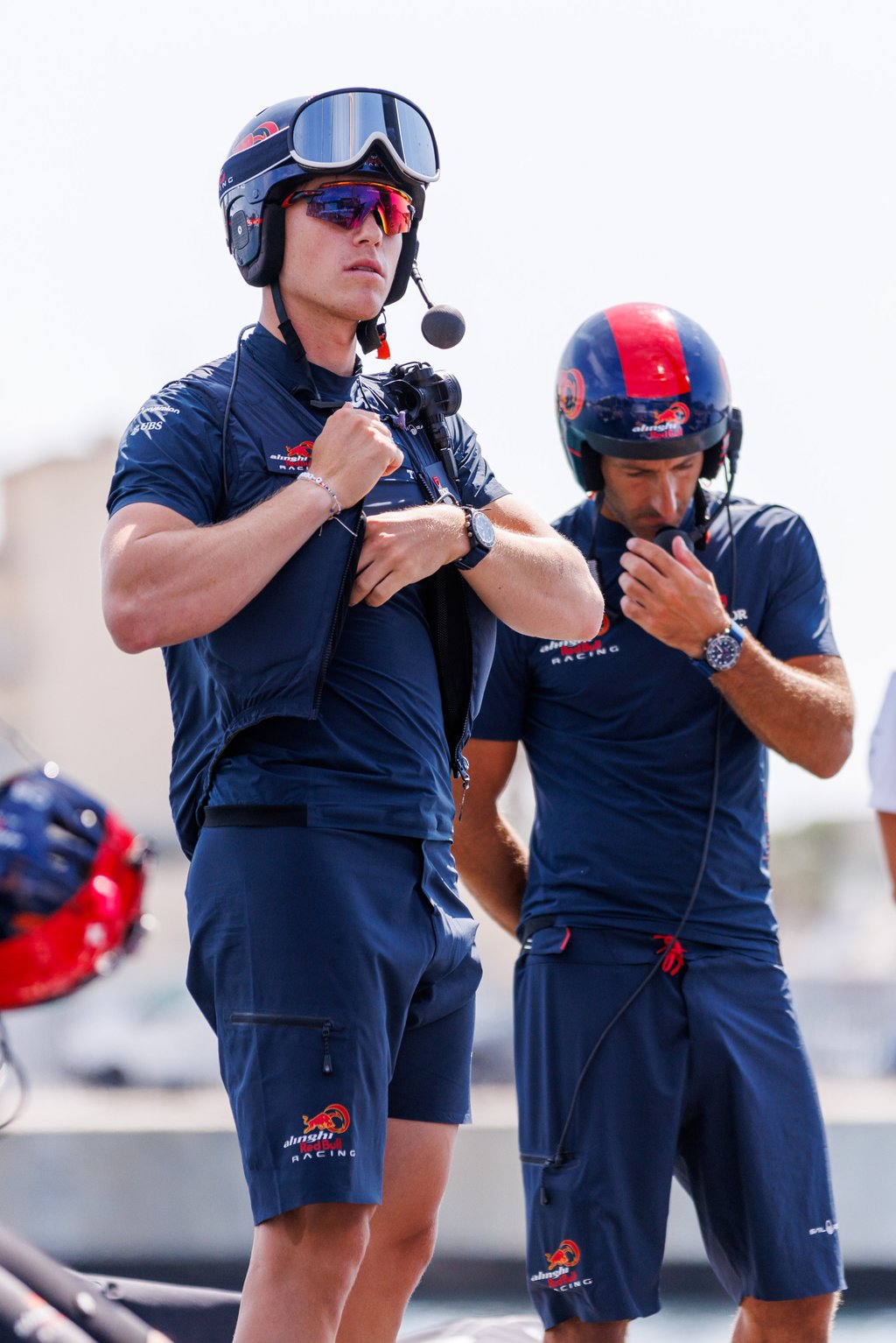 Alinghi Red Bull Racing crew Nicolas Rolaz and Arnaud Psarofaghis prepare to go racing on August 30 Alinghi Red Bull Racing crew Nicolas Rolaz and Arnaud Psarofaghis prepare to go racing on August 30
