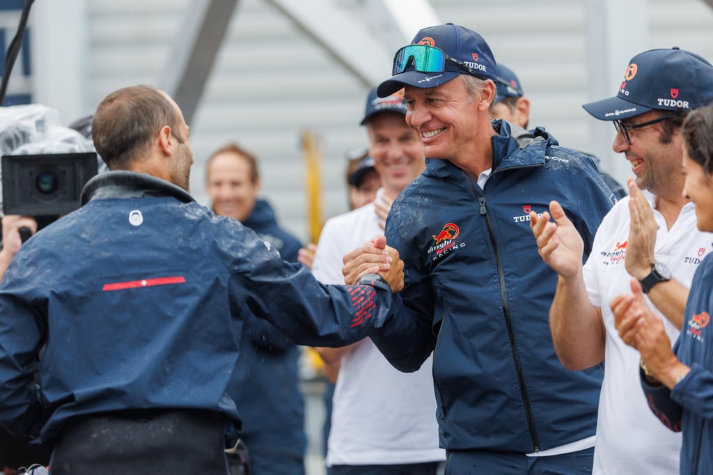 Alinghi team founder Ernesto Bertarelli celebrates with Arnaud Psarofaghis, one of the team’s two captains, after a race win in Barcelona on September 3 Alinghi team founder Ernesto Bertarelli celebrates with Arnaud Psarofaghis, one of the team’s two captains, after a race win in Barcelona on September 3