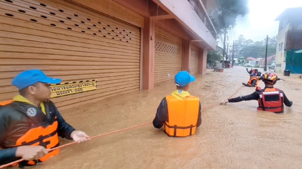 Rescuers work amid severe floods in Thailand’s Chiang Rai province on Wednesday. Photo: Tubjaotak Task Force, Pha Muang Force/Handout via Reuters