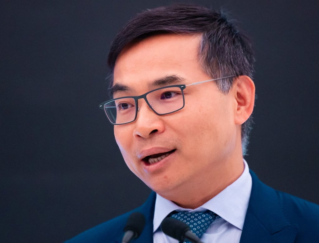 Zhang Lei, founder and chairman of Envision Energy, speaks during Pedro Sanchez’s visit to Envision Group in Shanghai on Tuesday. Photo: EPA-EFE