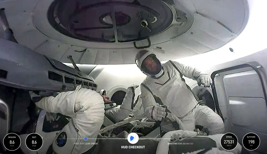The crew of the first private spacewalk led by tech billionaire Jared Isaacman inside the capsule. Photo: AP The crew of the first private spacewalk led by tech billionaire Jared Isaacman inside the capsule. Photo: AP