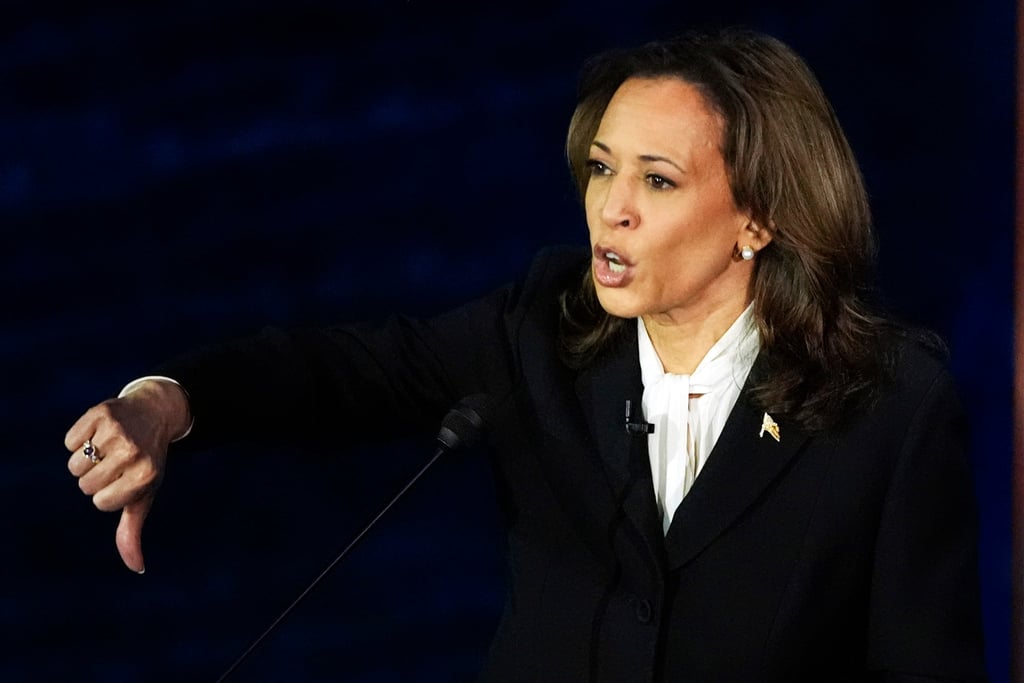 Democratic US presidential nominee Kamala Harris gestures as she speaks during a debate with Republican rival Donald Trump at the National Constitution Centre in Philadelphia on Tuesday. Photo: AP
