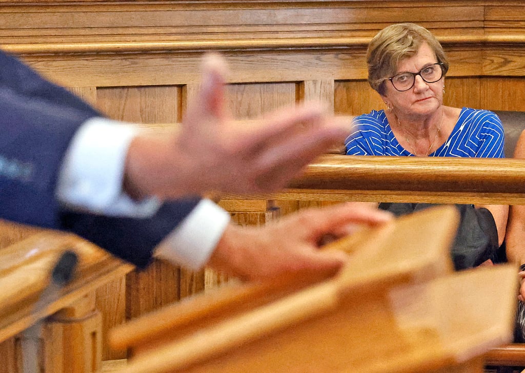 Peggy O’Keefe, mother of John O’Keefe, who Karen Read is accused of ramming with her SUV and leaving for dead in a snowstorm in January 2022, in court on August 9. Photo: The Patriot Ledger via AP Peggy O’Keefe, mother of John O’Keefe, who Karen Read is accused of ramming with her SUV and leaving for dead in a snowstorm in January 2022, in court on August 9. Photo: The Patriot Ledger via AP