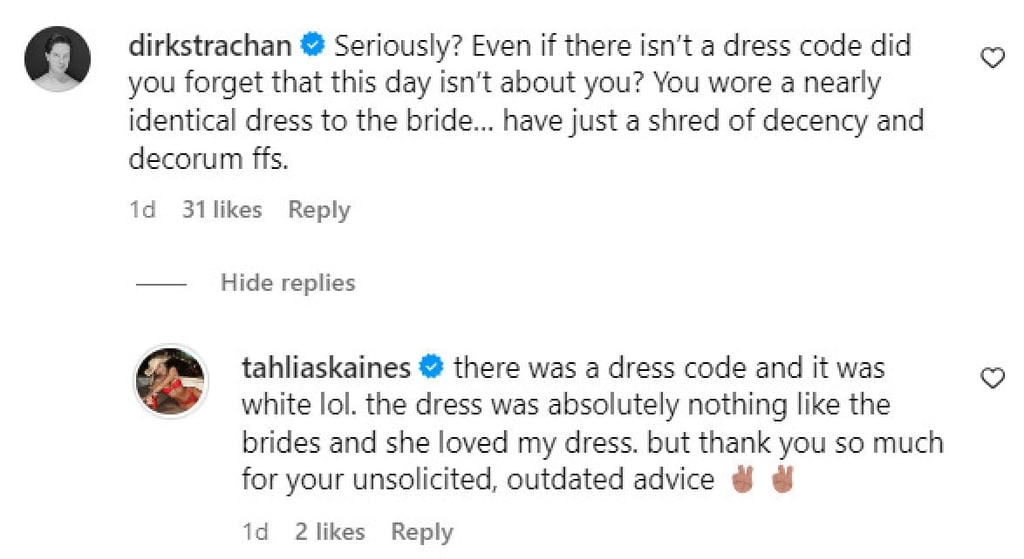 Tahlia Skaines clapped back at a commenter shading her. @tahliaskaines/Instagram