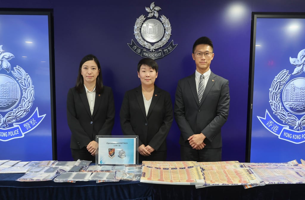Officers from the commercial crime bureau (from left) Lai Mei-yee, Lo Yuen-shan and Mak Wai-kwong reveal their findings in a press conference at Police Headquarters in Wan Chai. Photo: Edmond So
