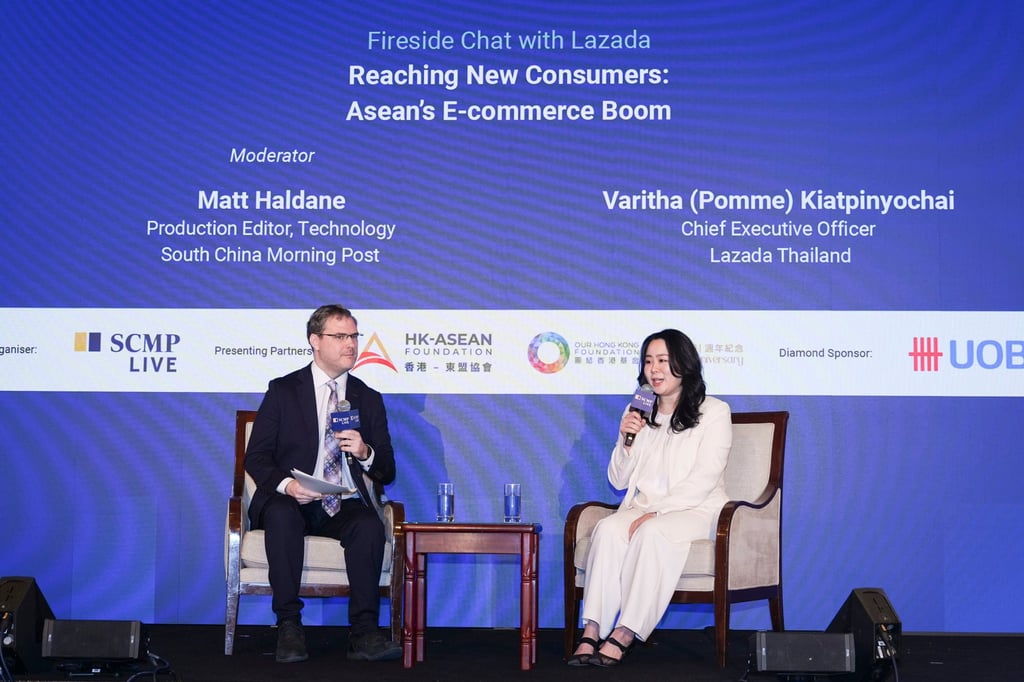 Matt Haldane (left), South China Morning Post’s Production Editor for Technology, and Varitha (Pomme) Kiatpinyochai (right), Chief Executive Officer of Lazada Thailand, at The Hong Kong-Asean Summit 2024, held at the Conrad Hotel in Admiralty on Friday. Photo: Eugene Lee