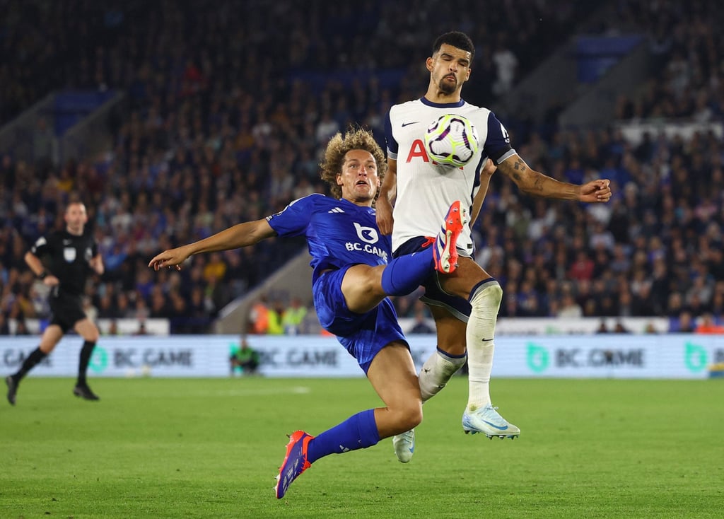 Leicester City’s Wout Faes (left) challenges Tottenham Hotspur’s Dominic Solanke. Photo: Reuters