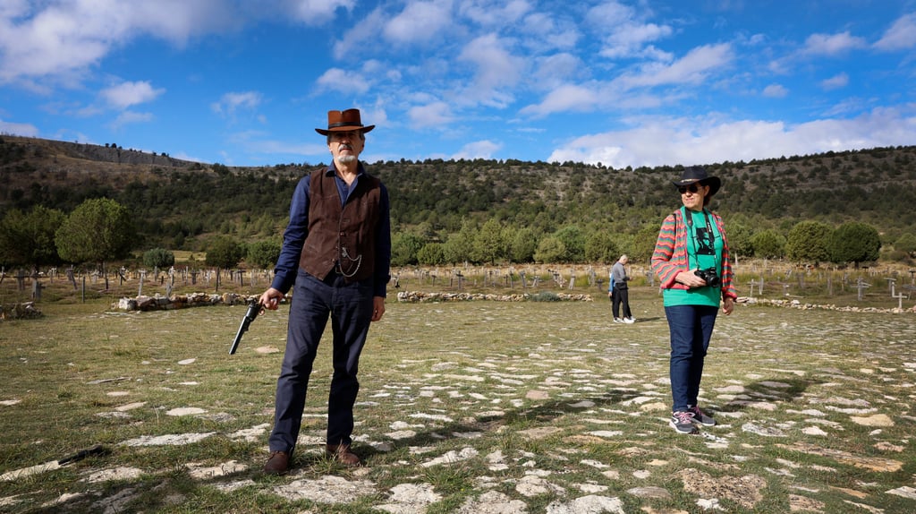 Luciano Maldonado Moreno (left) holds a pistol at the Sad Hill cemetery in Santo Domingo de Silos, Spain, on September 8, 2024. Photo: Vincent West Luciano Maldonado Moreno (left) holds a pistol at the Sad Hill cemetery in Santo Domingo de Silos, Spain, on September 8, 2024. Photo: Vincent West