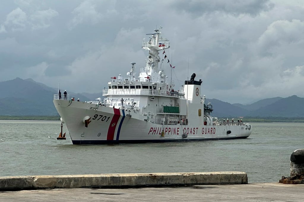 The BRP Teresa Magbanua prepares to dock at a port in the Philippines’ Palawan province on Sunday. Photo: AP