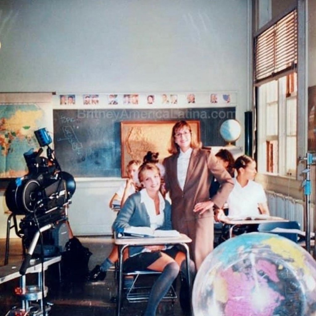 Britney Spears and Felicia Culotta on the set of the music video for “ … Baby One More Time”, shot over two days in the summer of 1998. Photo: @feliciaculotta1/Instagram