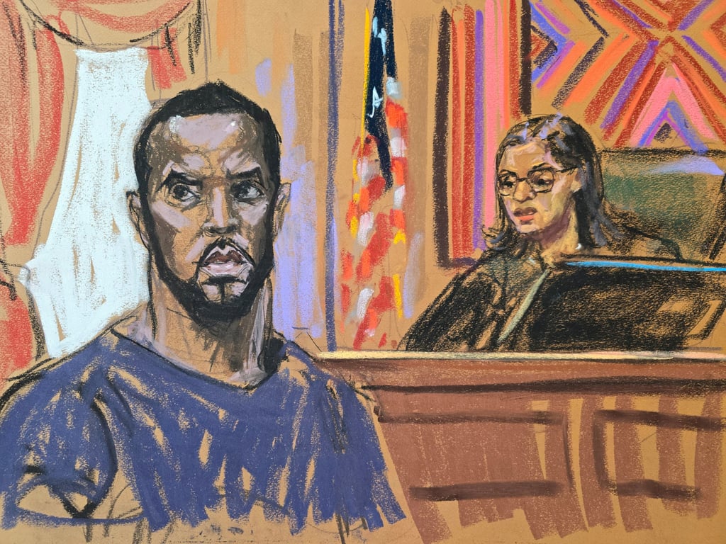 Sean “Diddy” Combs stands before US Magistrate Judge Robyn Tarnofsky in New York. Courtroom sketch: Jane Rosenberg via Reuters