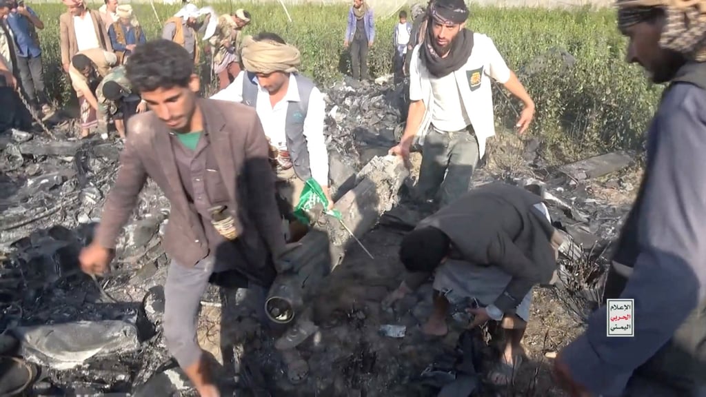 Wreckage of what Yemen’s Houthis say is a US MQ-9 drone at a location given as Dhamar province, Yemen. Photo: Houthi Military Media via Reuters