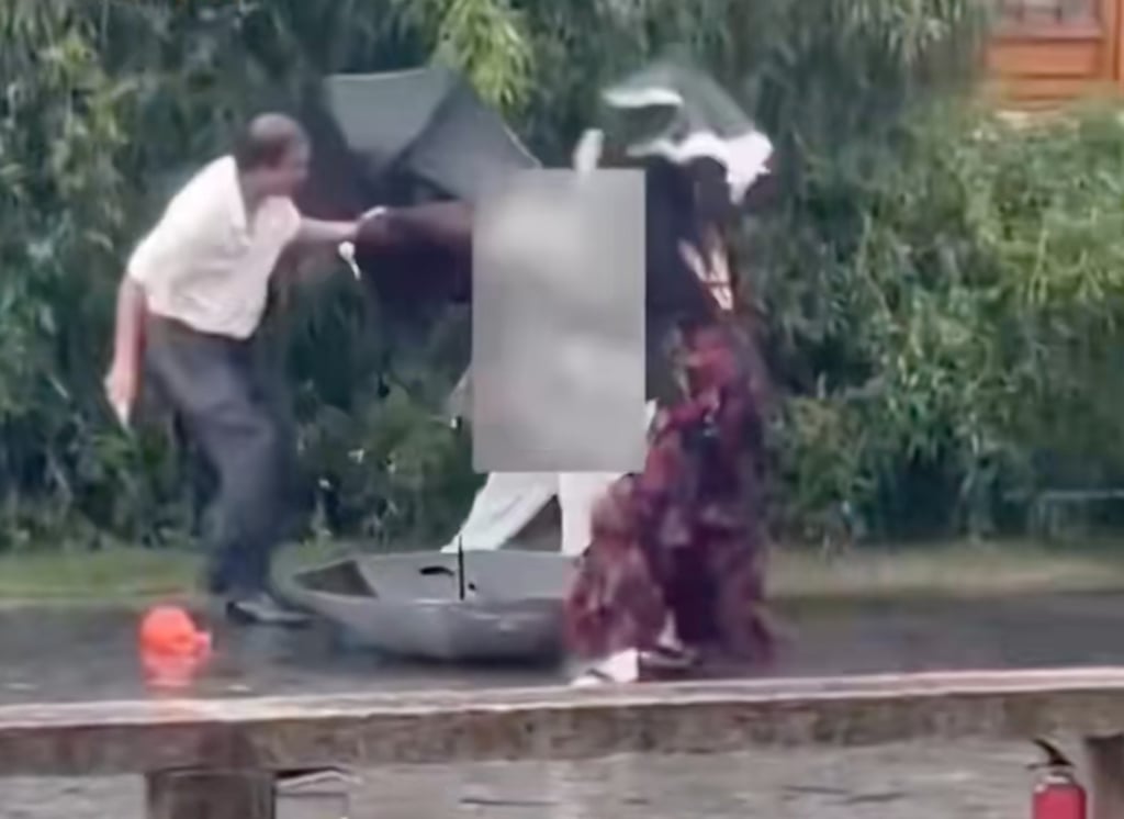 A female tourist bravely stepped forward during the terrifying incident, striking the attacker’s hand with her umbrella. Photo: Douyin@乡村振兴进行时 A female tourist bravely stepped forward during the terrifying incident, striking the attacker’s hand with her umbrella. Photo: Douyin@乡村振兴进行时