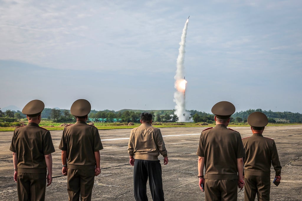 North Korean leader Kim Jong-un (centre) inspecting the test-fire of the Hwasongpho-11-Da-4.5, a new tactical ballistic missile, equipped with a 4.5-tonne warhead. Photo: KCNA/dpa North Korean leader Kim Jong-un (centre) inspecting the test-fire of the Hwasongpho-11-Da-4.5, a new tactical ballistic missile, equipped with a 4.5-tonne warhead. Photo: KCNA/dpa