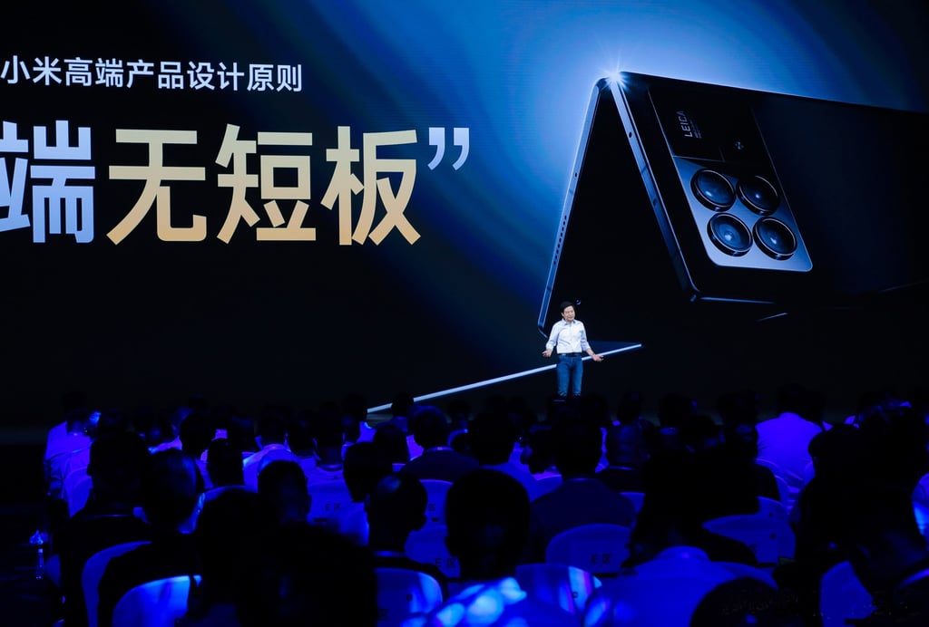 Xiaomi founder, chairman and chief executive Lei Jun unveils the company’s foldable smartphone model, the MIX Fold 3, in Beijing in August last year. Photo: Weibo Xiaomi founder, chairman and chief executive Lei Jun unveils the company’s foldable smartphone model, the MIX Fold 3, in Beijing in August last year. Photo: Weibo