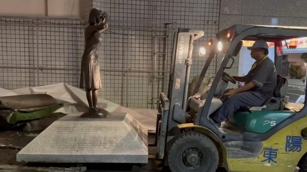 Tainan’s bronze statue commemorating “comfort women” being moved to a warehouse. Photo: ifeng