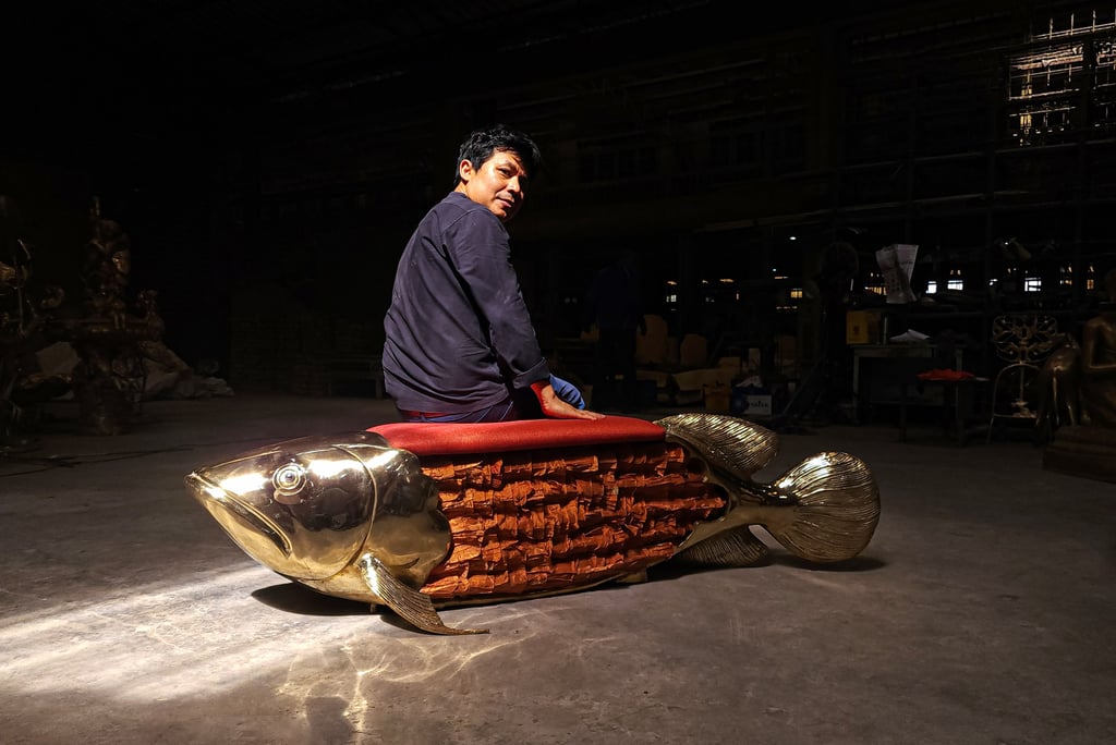 Apiwat Chitapanya collaborated with brass furniture brand Masaya on this bench shaped like a giant gleaming arowana fish – a symbol of good fortune in many Southeast Asian cultures. Photo: Courtesy of Apiwat Chitapanya Apiwat Chitapanya collaborated with brass furniture brand Masaya on this bench shaped like a giant gleaming arowana fish – a symbol of good fortune in many Southeast Asian cultures. Photo: Courtesy of Apiwat Chitapanya