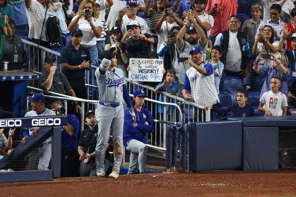 Shohei Ohtani acknowledges the crowd after hitting a home run against the Miami Marlins. Photo: AFP Shohei Ohtani acknowledges the crowd after hitting a home run against the Miami Marlins. Photo: AFP