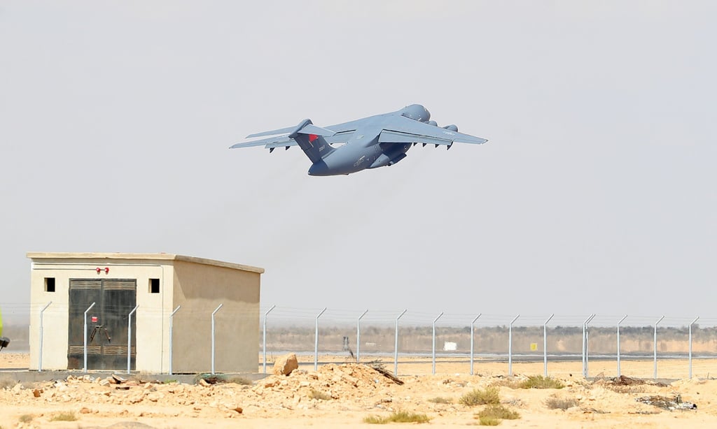 A Chinese Y-20 makes a demonstration flight during the Egypt International Airshow on September 3. Photo: Xinhua A Chinese Y-20 makes a demonstration flight during the Egypt International Airshow on September 3. Photo: Xinhua