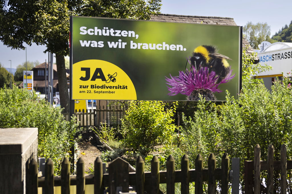 A poster for the Yes campaign in a garden ahead of a biodiversity referendum. Photo: Keystone via AP A poster for the Yes campaign in a garden ahead of a biodiversity referendum. Photo: Keystone via AP