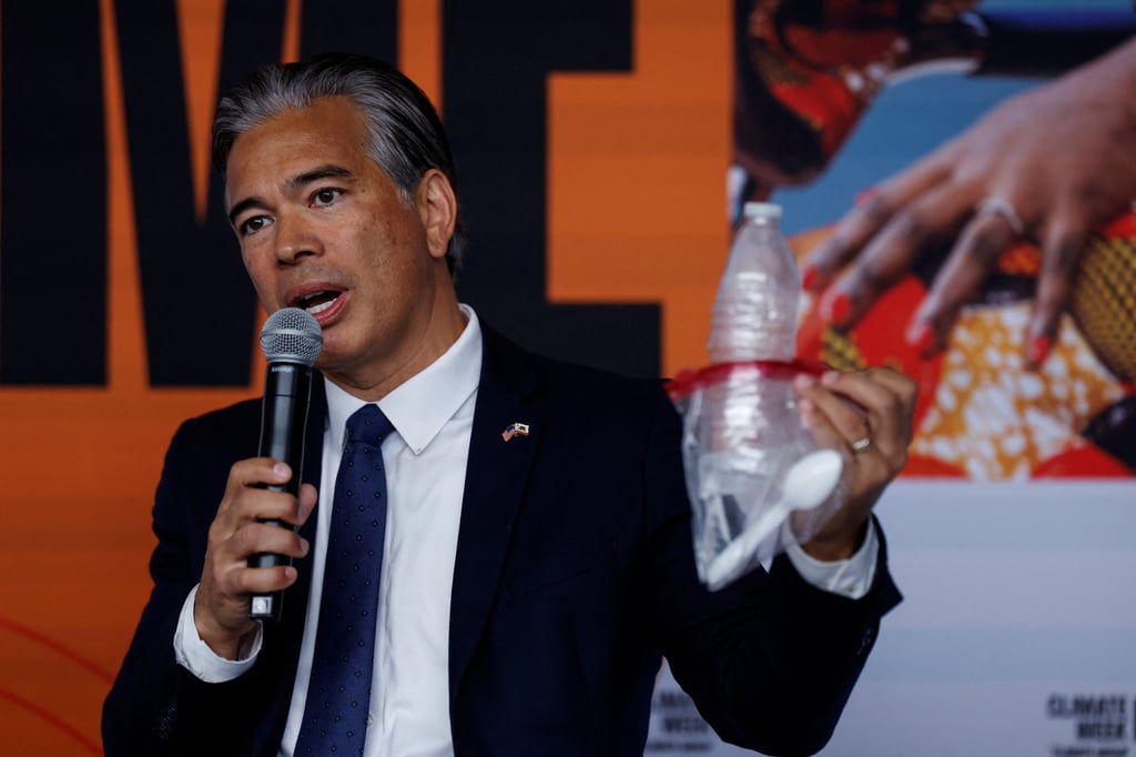California Attorney General Rob Bonta announcing the lawsuit against oil giant ExxonMobil. Photo: Reuters