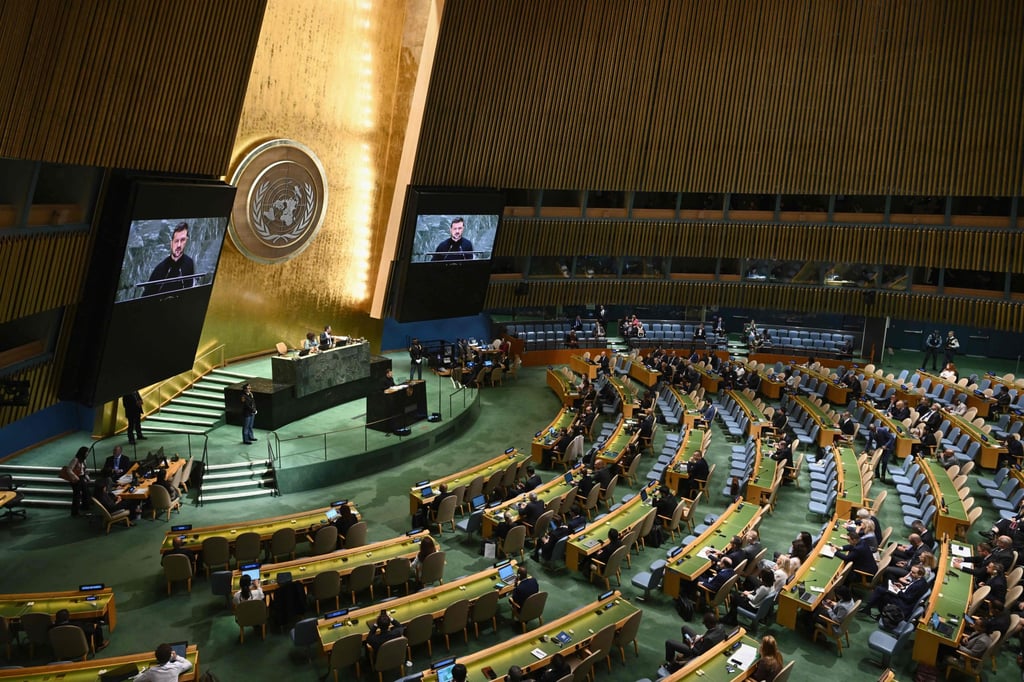 There is no alternative to the “peace formula” he presented two years ago, Ukraine’s Zelensky tells UN General Assembly. Photo: AFP