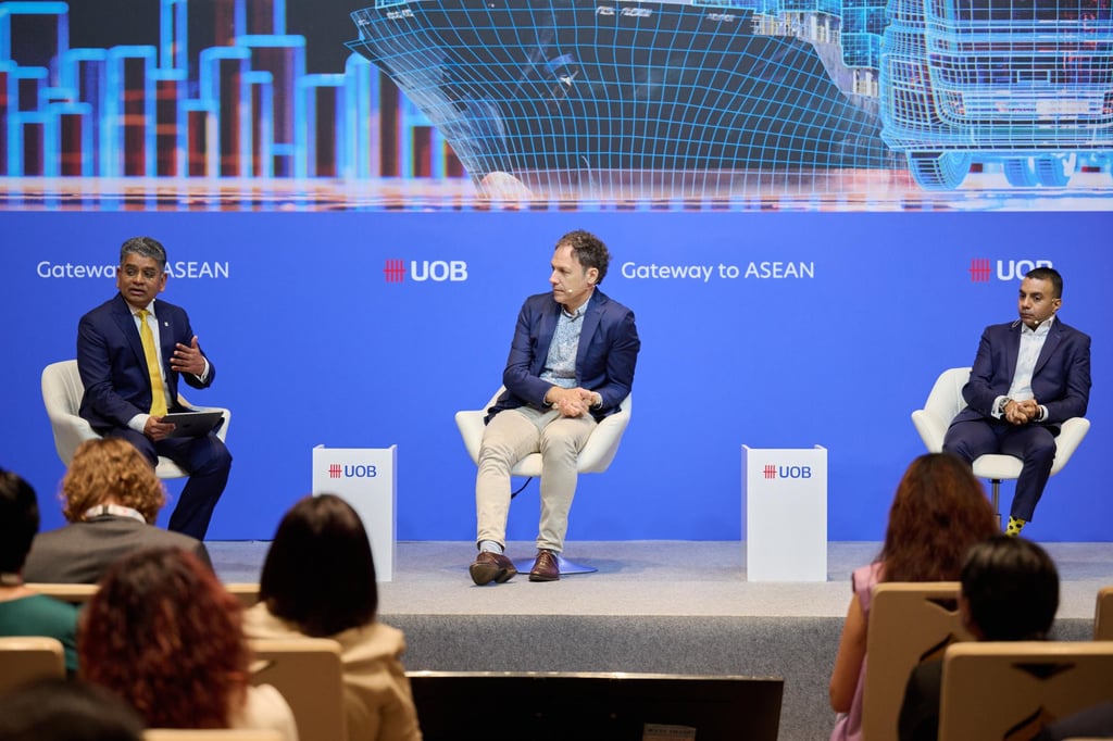 (From left) Moderator Venkatesh Somanathan, executive director of group transaction banking at UOB; Vincent Gerald Mourou, co-founder and chairman of Marou Chocolate; and Dipesh Patel, regional chief financial officer for Asia-Pacific at Intertek, were part of a panel discussion about strategies for optimising supply chain processes. (From left) Moderator Venkatesh Somanathan, executive director of group transaction banking at UOB; Vincent Gerald Mourou, co-founder and chairman of Marou Chocolate; and Dipesh Patel, regional chief financial officer for Asia-Pacific at Intertek, were part of a panel discussion about strategies for optimising supply chain processes.