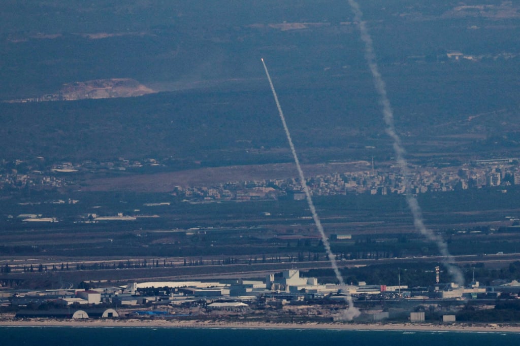 Israel’s Iron Dome anti-missile system intercepts rockets fired from Lebanon on Thursday. Photo: Reuters