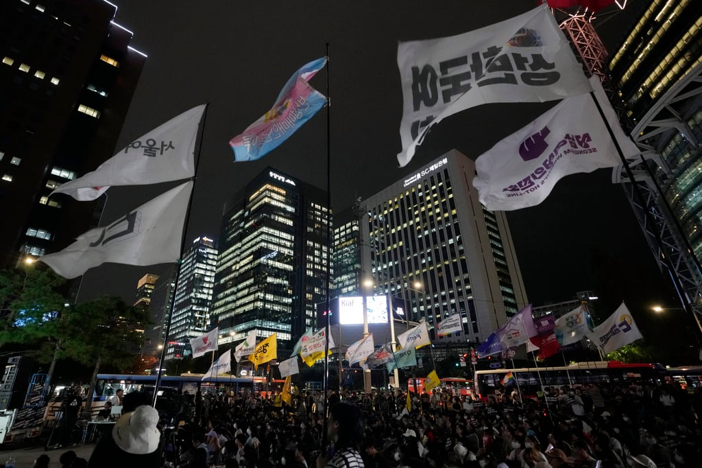 Activists in Seoul rally against illegal deepfake content calling for the government to enact appropriate countermeasures. Photo: AP