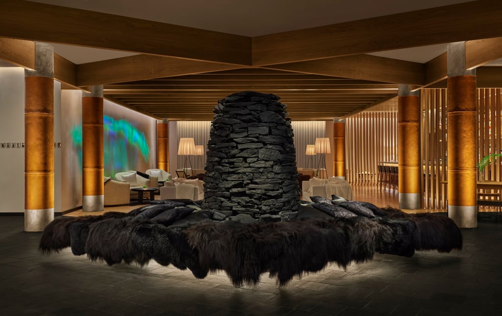 The Reykjavik Edition’s lobby features a “totem” of basalt slate and a projection of the Northern Lights. Photo: Handout