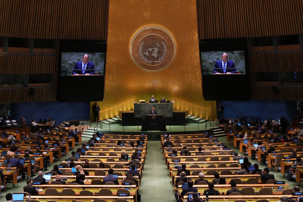 Russian Foreign Minister Sergey Lavrov speaks at the UN General Assembly in New York on Saturday. Photo: AFP