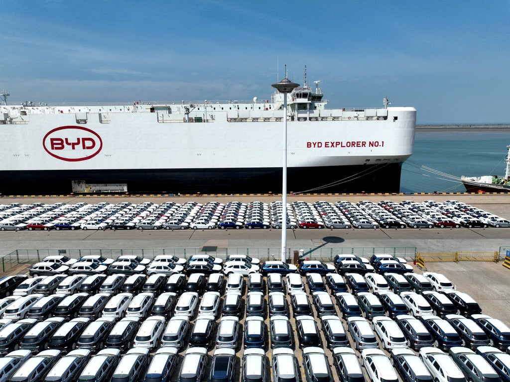BYD electric vehicles, ready to be loaded for export to Brazil, at the port of Lianyungang in Jiangsu province in April. Photo: China Daily via Reuters BYD electric vehicles, ready to be loaded for export to Brazil, at the port of Lianyungang in Jiangsu province in April. Photo: China Daily via Reuters