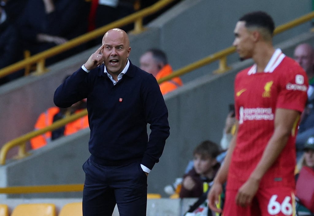 Liverpool manager Arne Slot urges his players to think during their game against Wolves. Photo: Reuters
