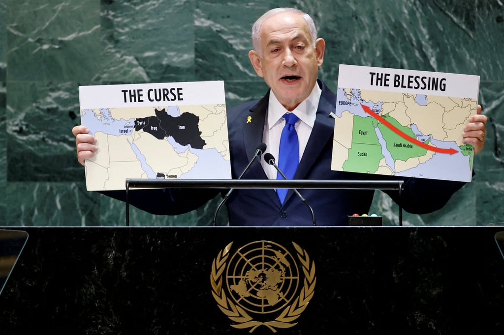 Israel’s Prime Minister Benjamin Netanyahu addresses the United Nations General Assembly at UN headquarters in New York on Friday. Photo: Reuters Israel’s Prime Minister Benjamin Netanyahu addresses the United Nations General Assembly at UN headquarters in New York on Friday. Photo: Reuters