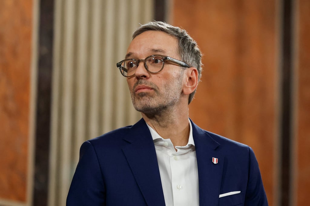 Herbert Kickl, head of Austria’s Freedom Party, attends a television debate after the first exit polls during the general election, in Vienna, Austria on Sunday. Photo: Reuters