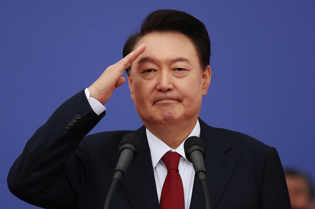 South Korean President Yoon Suk-yeol salutes after delivering his speech at Seoul Air Base on Tuesday. Photo: EPA-EFE South Korean President Yoon Suk-yeol salutes after delivering his speech at Seoul Air Base on Tuesday. Photo: EPA-EFE