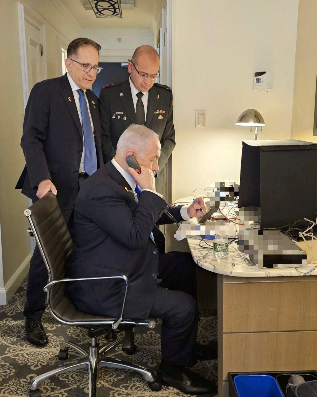 Israeli Prime Minister Benjamin Netanyahu approves Israeli air strikes on Beirut over the phone from New York. Photo: PMO via Reuters Israeli Prime Minister Benjamin Netanyahu approves Israeli air strikes on Beirut over the phone from New York. Photo: PMO via Reuters